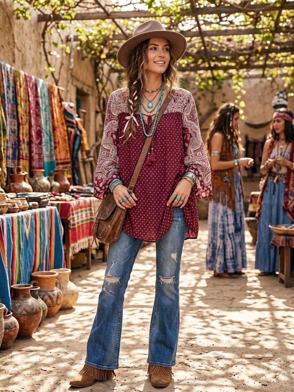 Angie Burgundy Paisley Boho Tunic Blouse Tassel Tie Bell Sleeves Rayon Bandana